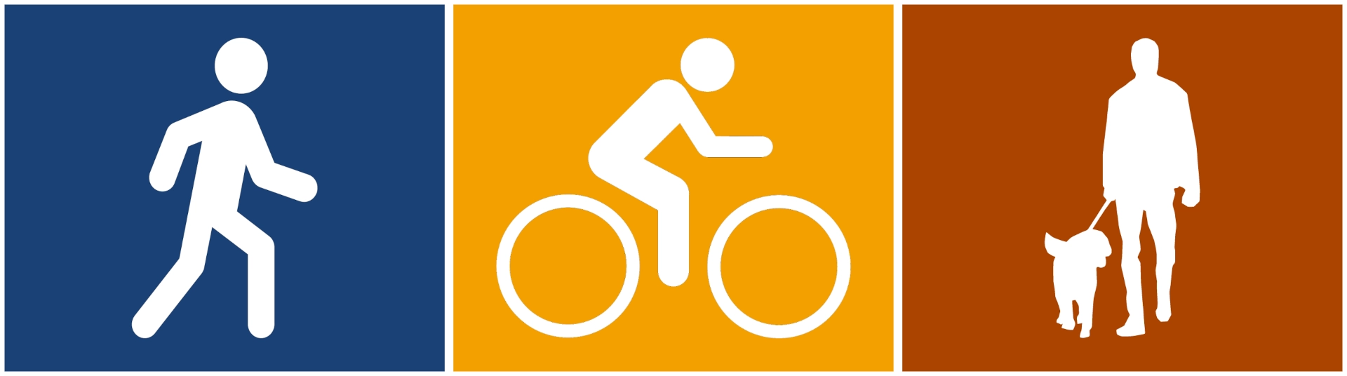Barra con l'icona di un pedone su sfondo blu, l'icona di un ciclista su sfondo giallo e l'icona di una persona con un cane a guinzaglio su sfondo marrone