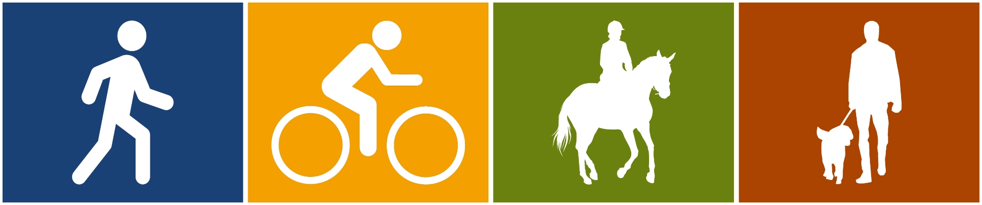 Barra con l'icona di un pedone su sfondo blu, l'icona di un ciclista su sfondo giallo, l'icona di una persona a cavallo su sfondo verde e l'icona di una persona con un cane a guinzaglio su sfondo marrone