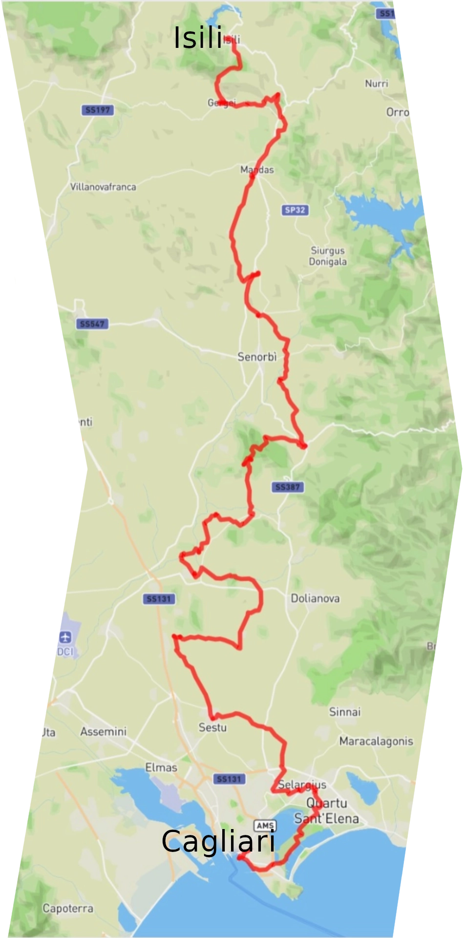 Mappa del Cammino di San Saturnino da Isili a Cagliari