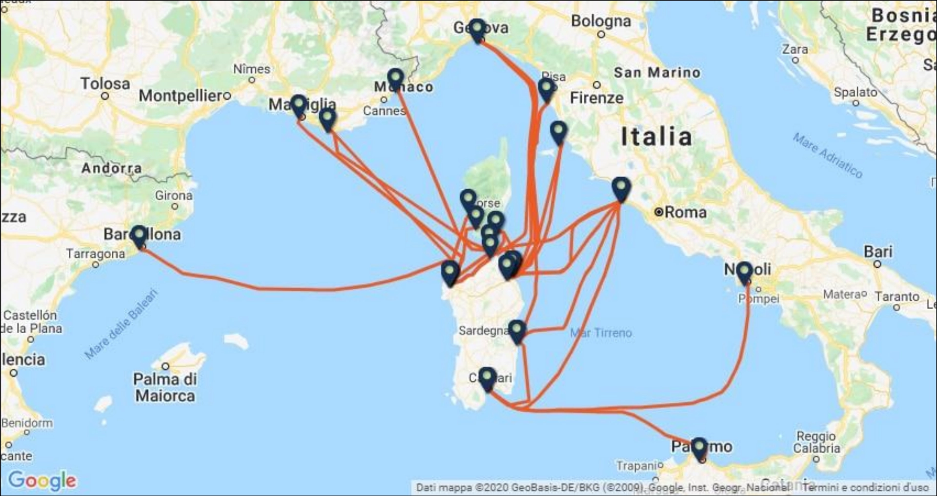 Immagine di Google maps con evidenziati i collegamenti marittimi per la Sardegna