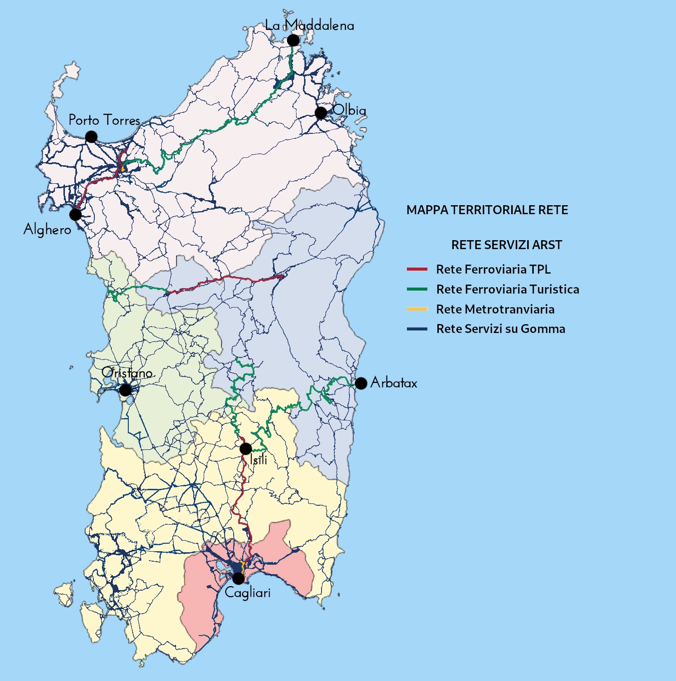 Mappa della Sardegna con percorsi Bus e Treni